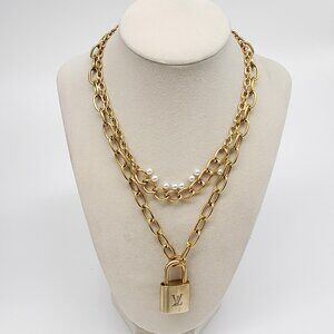 Authentic Louis Vuitton Gold Padlock w/ Unbranded Fashion Stainless Steel Chain